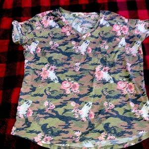 Camo shirt with cow skulls and roses with cuffed sleeves